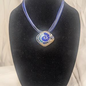 Chico's Vintage Blue Beads, Rhinestone, Brass Pendant Necklace